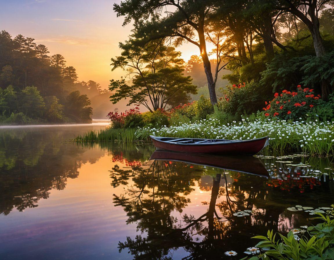 A serene landscape at sunrise, featuring a tranquil lake reflecting the colorful sky, surrounded by blooming flowers and lush greenery. An individual practicing mindfulness on the shore, immersed in nature's beauty, with soft light illuminating the scene. Capturing an essence of peace and appreciation for aesthetics in everyday life. vibrant colors. super-realistic. ethereal atmosphere.