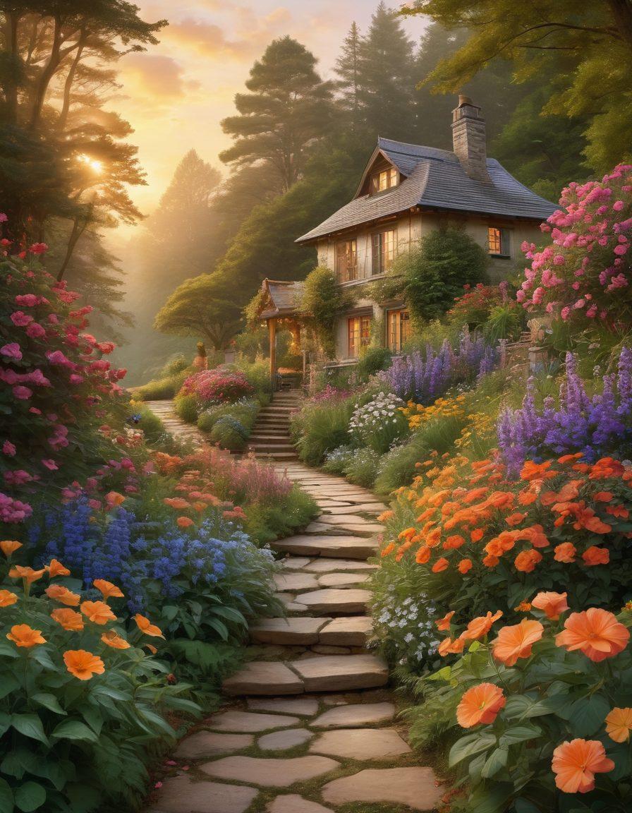 A serene landscape with a charming cottage surrounded by blooming flowers and lush greenery, showcasing a whimsical path leading into the woods. Overlay elegant script text that says 'Unlocking the Secrets of Aesthetic Appeal'. A warm sunset casts a golden hue, enhancing the tranquil atmosphere of beauty and engagement. The scene includes delicate details such as butterflies and soft lighting. vibrant colors. super-realistic.