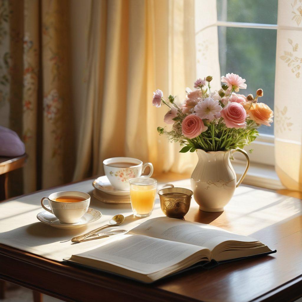A serene morning scene featuring an elegantly set breakfast table with a steaming cup of tea, a delicate vase of fresh flowers, and a beautifully arranged journal and pen. Sunlight filters through sheer curtains, casting soft shadows, embodying calmness and sophistication. Include subtle accents of gold and pastel colors to enhance the elegant vibe. super-realistic. vibrant colors. soft light.